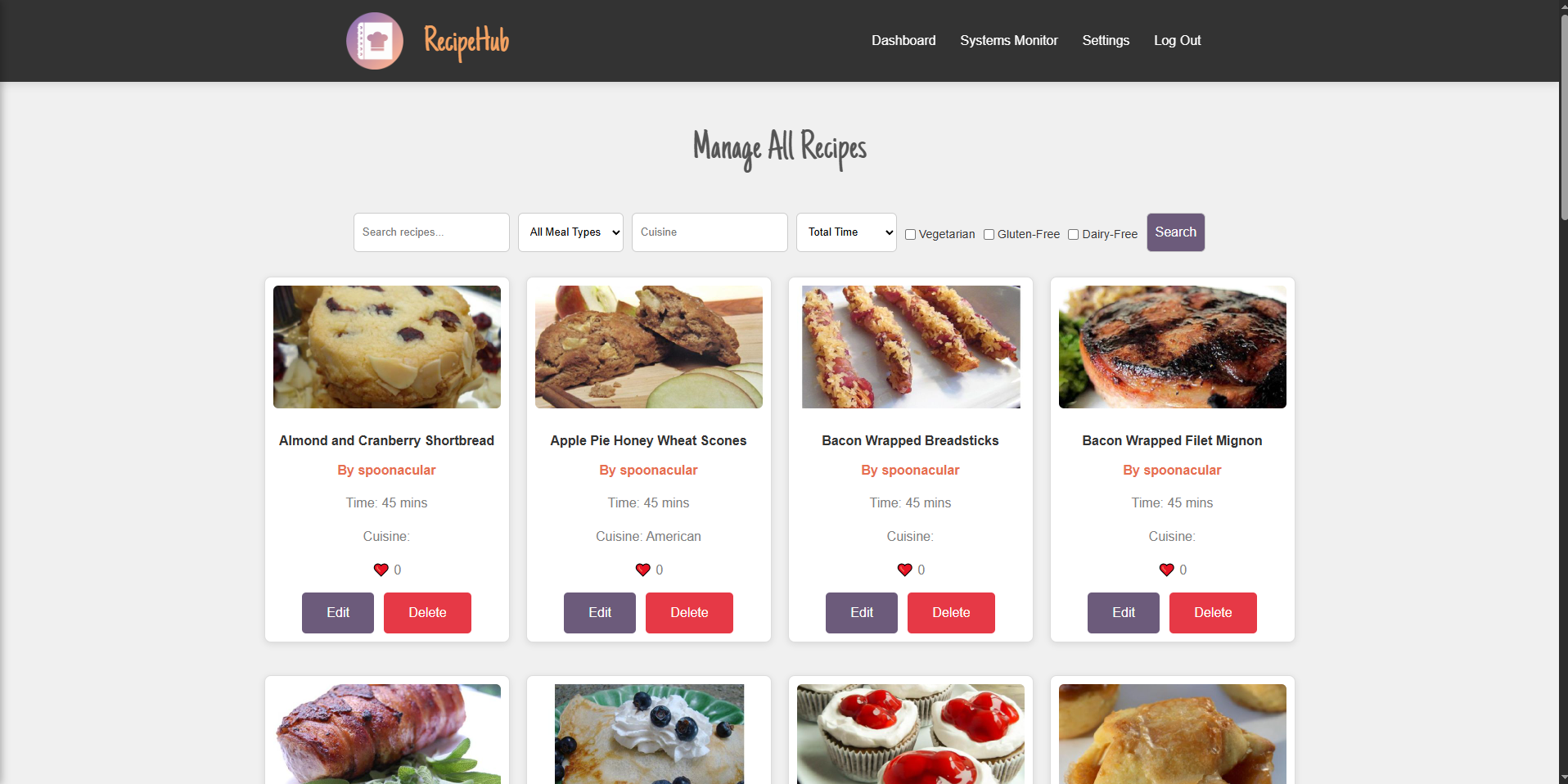 Manage Recipes Screenshot